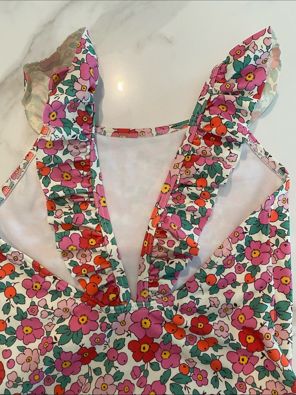 Mini Boden Frill Strap one piece swimsuit floral w/off white background - Picture 5 of 5